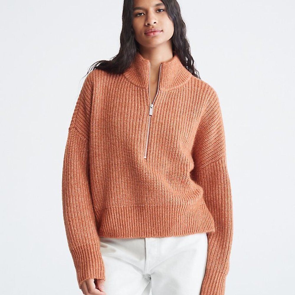 NWOT Calvin Klein Mock Neck Chunky Ribbed Knit Zip Up Oversized Sweater Size XL